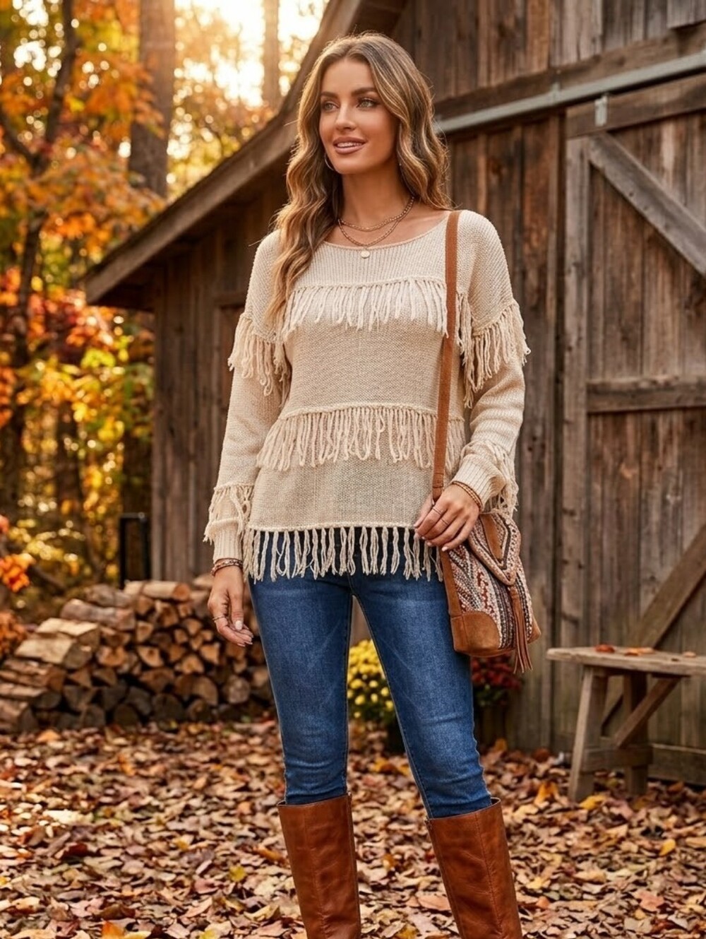 Boho Fringe Sparkle Knit Pullover Sweater Textured Cream Neutral Medium